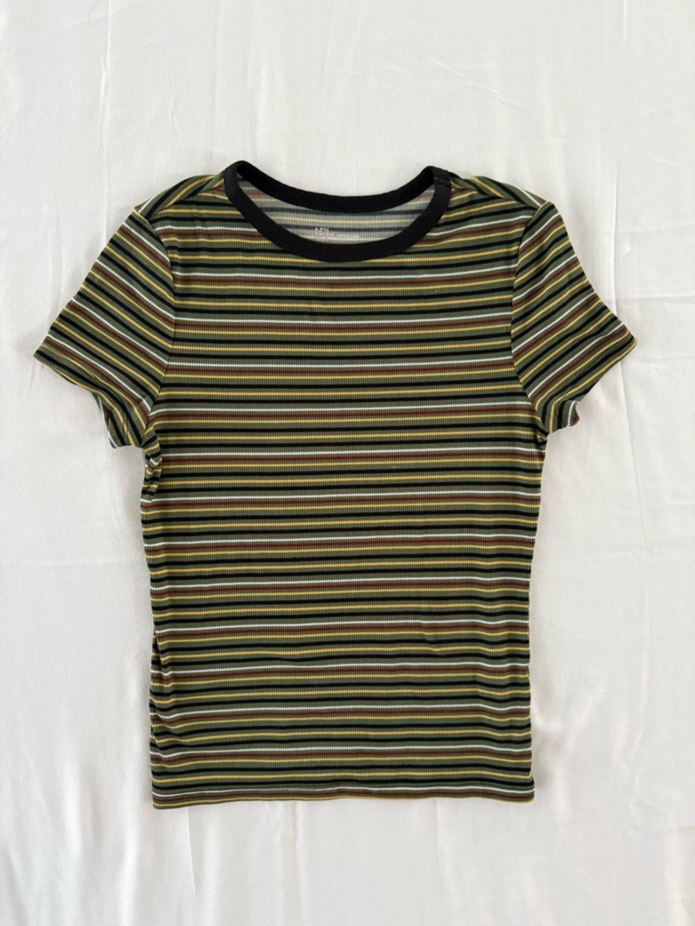 Women’s Striped Ribbed Tee in Olive, Yellow, Red, Black & Cream Size Small